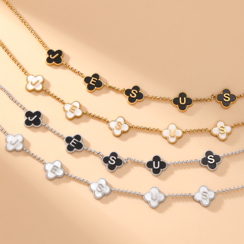 Gold Clover White Jesus Name Necklace 18k PVD gold Christian necklace for women#finish_white