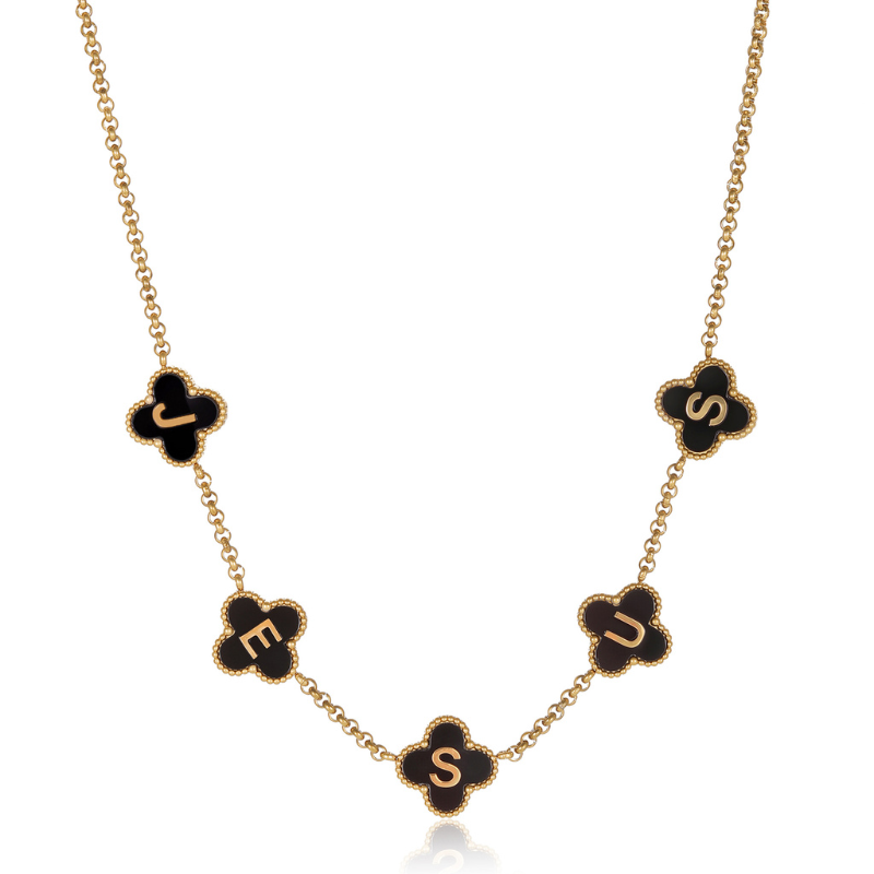 Gold Clover Black Jesus Name Necklace 18k PVD gold Christian necklace for women#finish_black