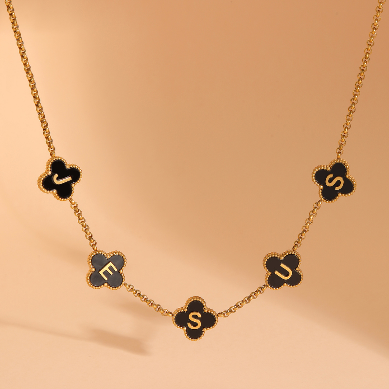 Gold Clover Black Jesus Name Necklace 18k PVD gold Christian necklace for women#finish_black