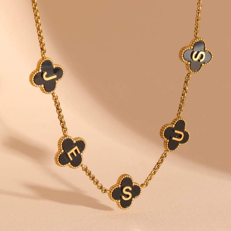 Gold Clover Black Jesus Name Necklace 18k PVD gold Christian necklace for women#finish_black