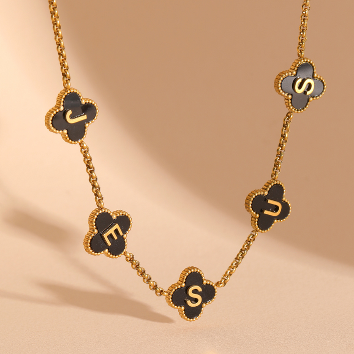 Gold Clover Black Jesus Name Necklace 18k PVD gold Christian necklace for women#finish_black