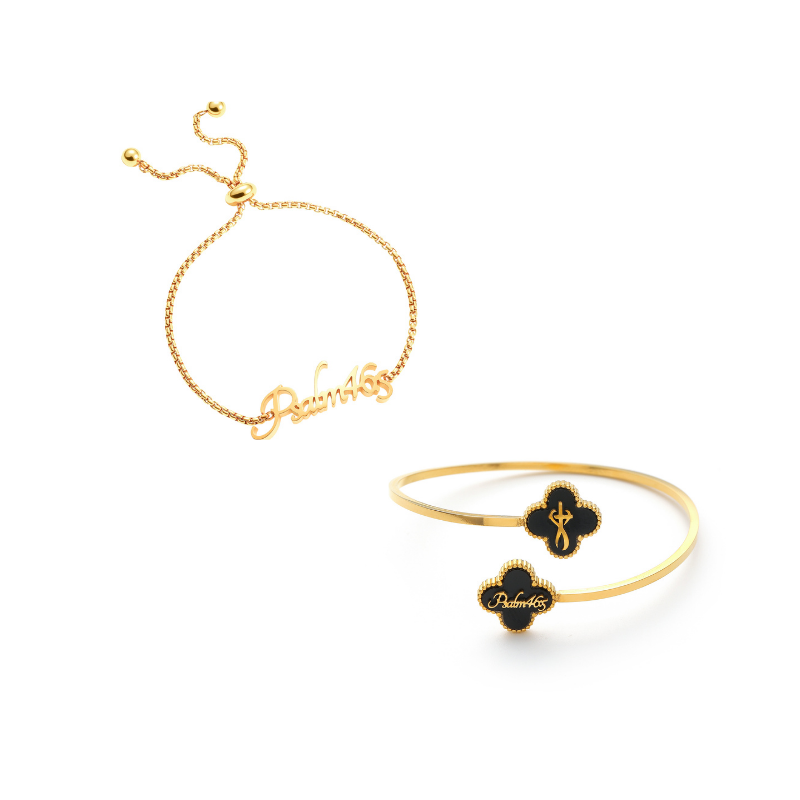 Name Bracelet and Clover Bangle bundle (Gold)