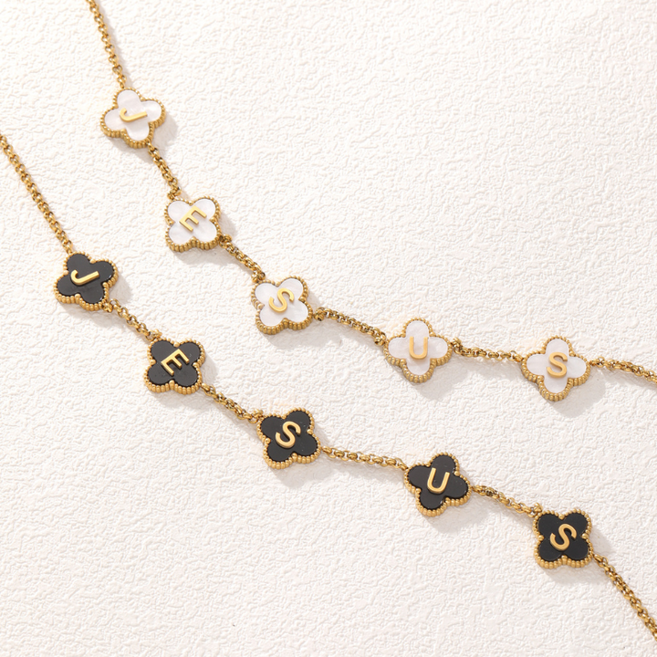 Gold Clover Black Jesus Name Necklace 18k PVD gold Christian necklace for women#finish_black