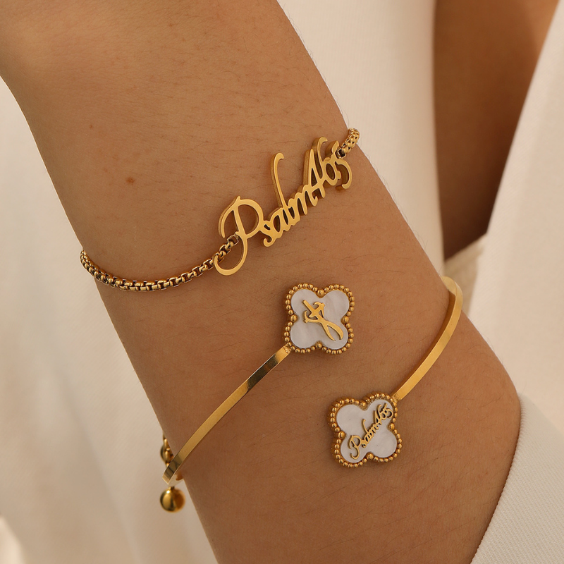 Name Bracelet and Clover Bangle bundle (Gold)