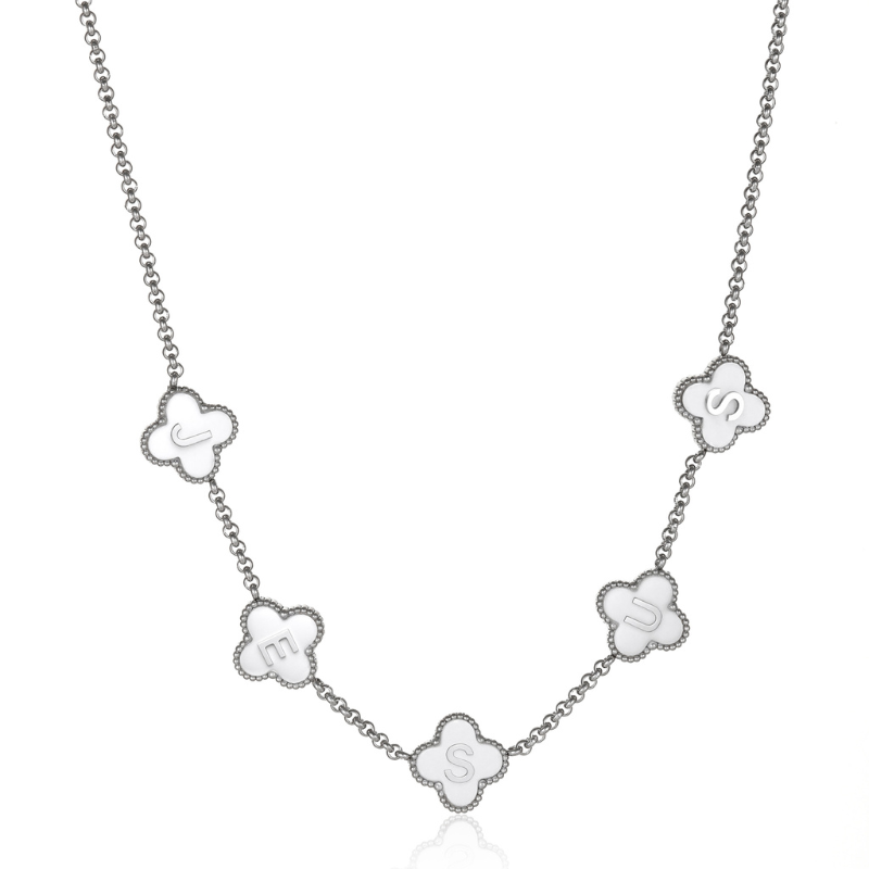 Silver Clover White Jesus Name Necklace Stainless Steel Christian necklace for women#finish_white