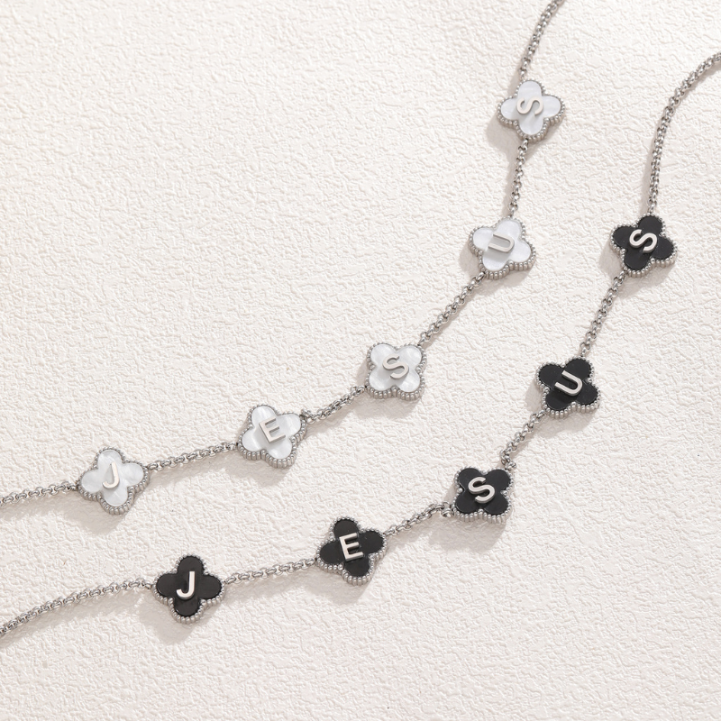 Silver Clover White Jesus Name Necklace Stainless Steel Christian necklace for women#finish_white