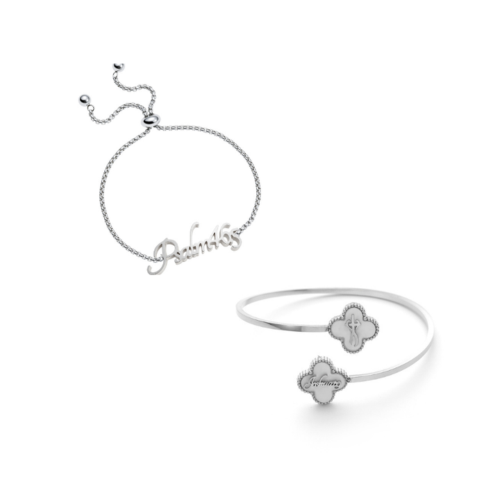 Name Bracelet and Clover Bangle bundle (Silver)