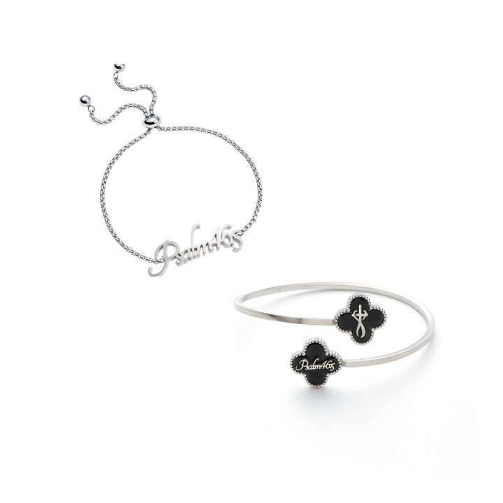 Name Bracelet and Clover Bangle bundle (Silver)