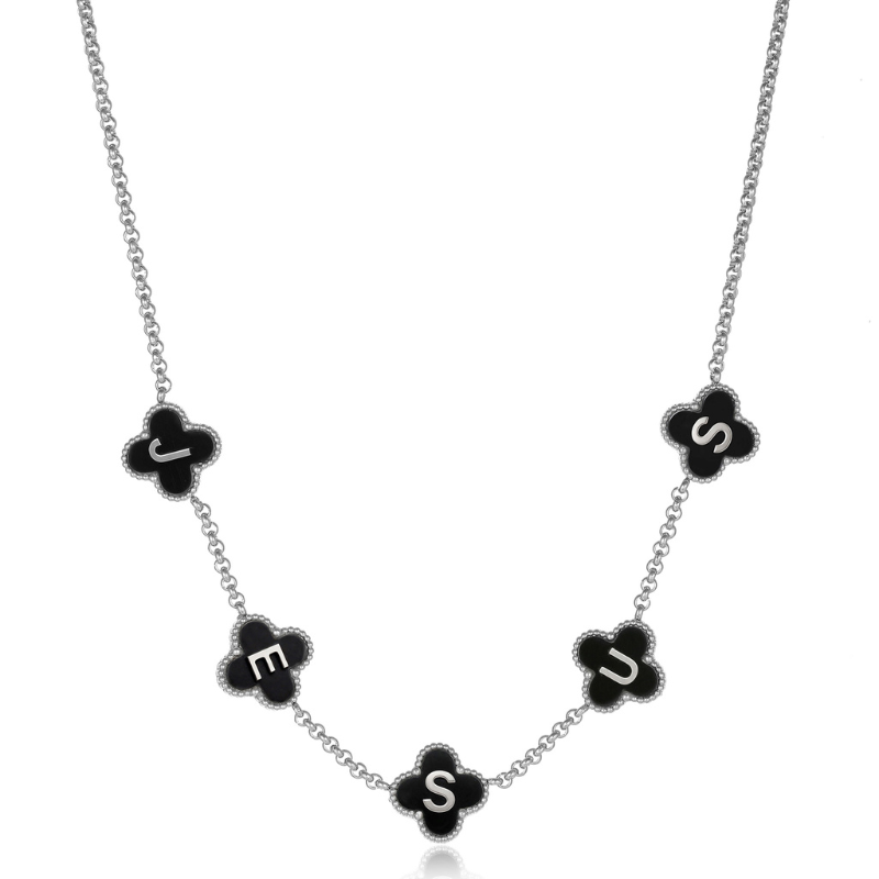 Silver Clover Black Jesus Name Necklace Stainless Steel Christian necklace for women#finish_black