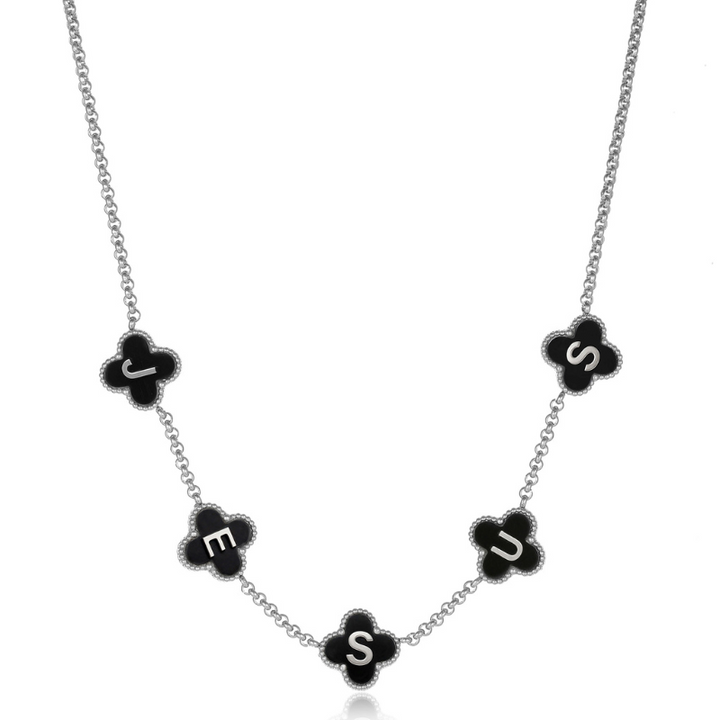 Silver Clover Black Jesus Name Necklace Stainless Steel Christian necklace for women#finish_black