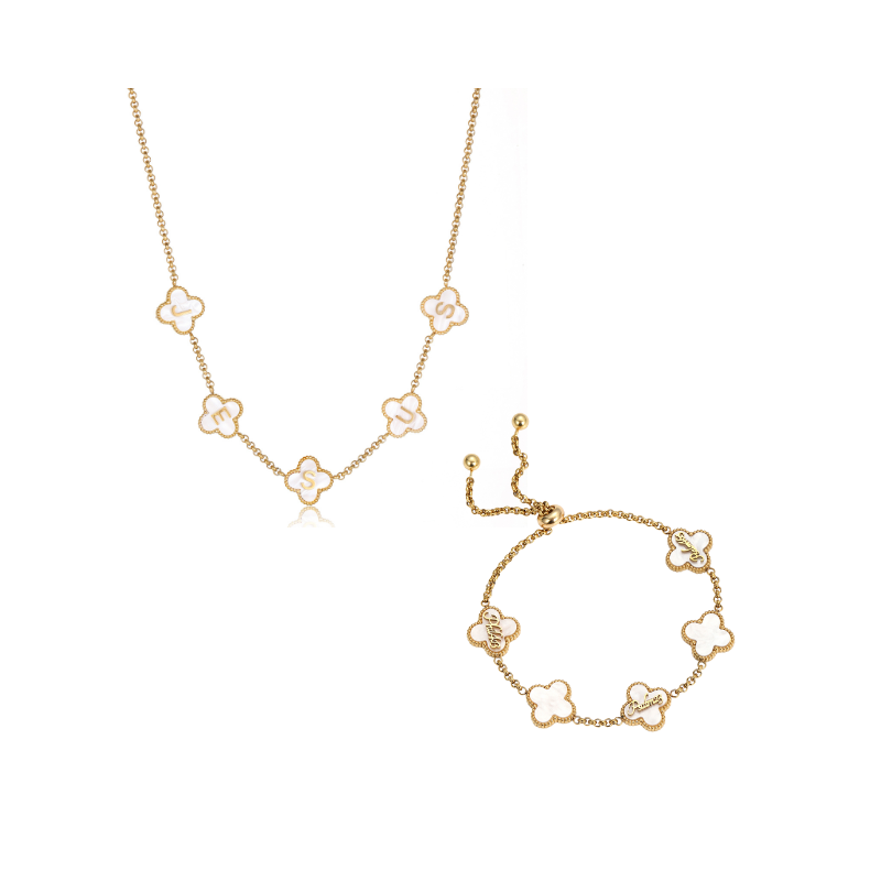 Gold Clover Jesus Name Necklace and Bible Versed Clover Bracelet Christian jewellery bundle