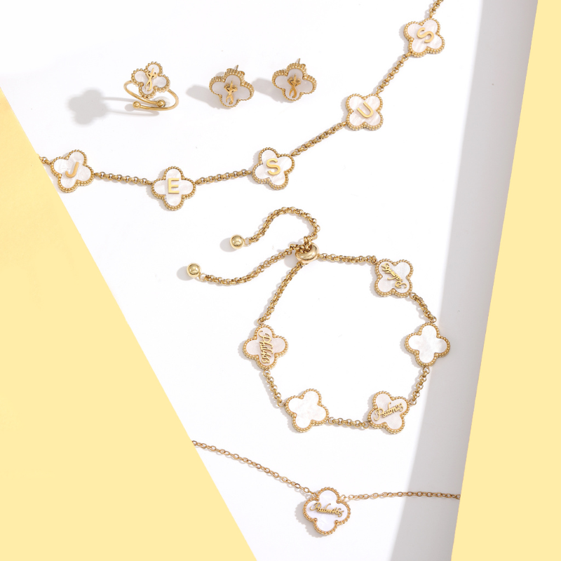 Gold Clover Jesus Name Necklace and Bible Versed Clover Bracelet Christian jewellery bundle