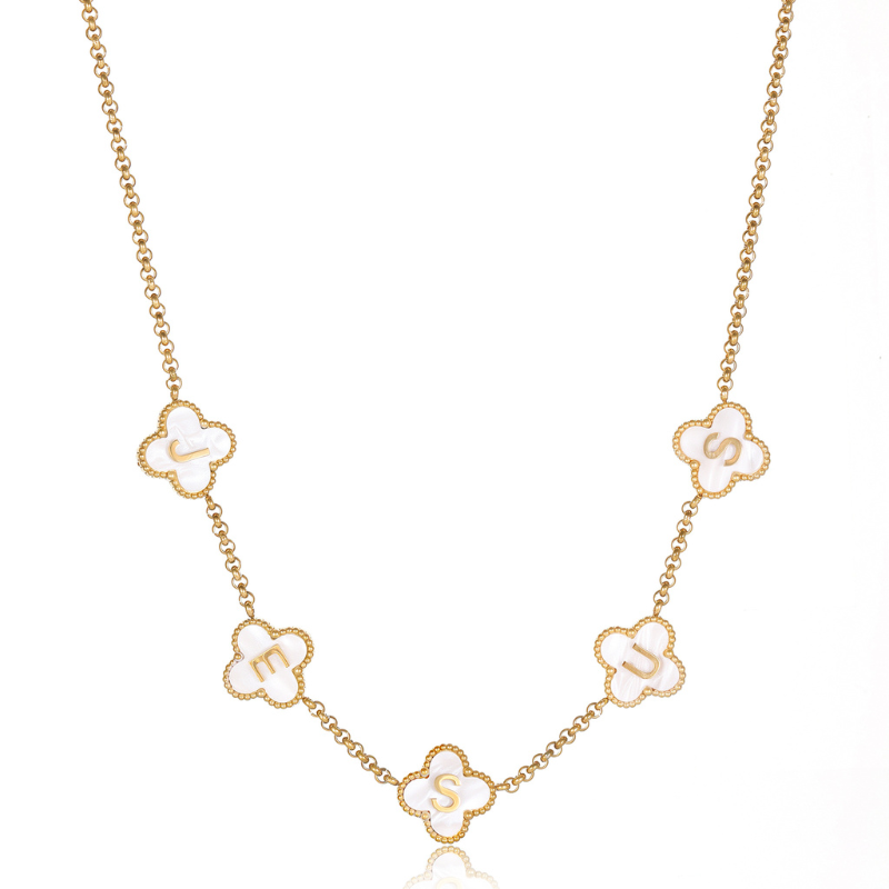 Gold Clover White Jesus Name Necklace 18k PVD gold Christian necklace for women#finish_white