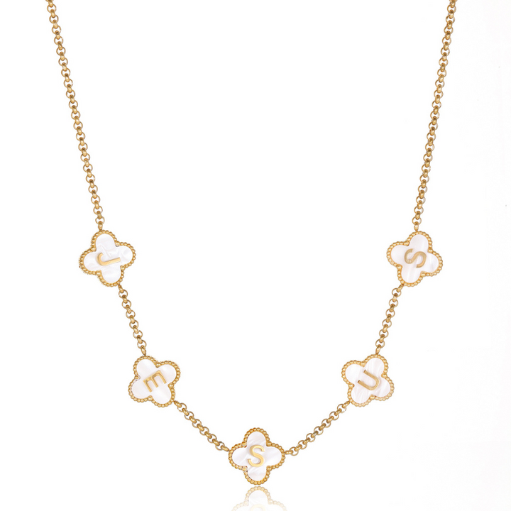 Gold Clover White Jesus Name Necklace 18k PVD gold Christian necklace for women#finish_white