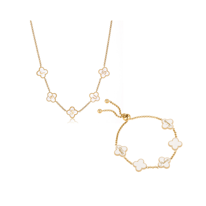 Clover Jesus Name Necklace and Clover Bracelet Bundle (Gold)