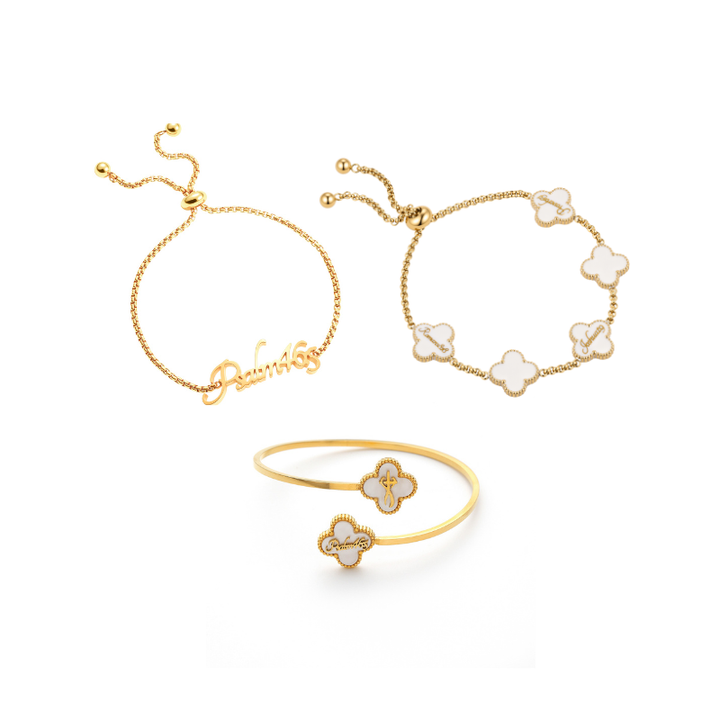 Name Bracelet and Clover Bangle and Clover Bracelet bundle (Gold)