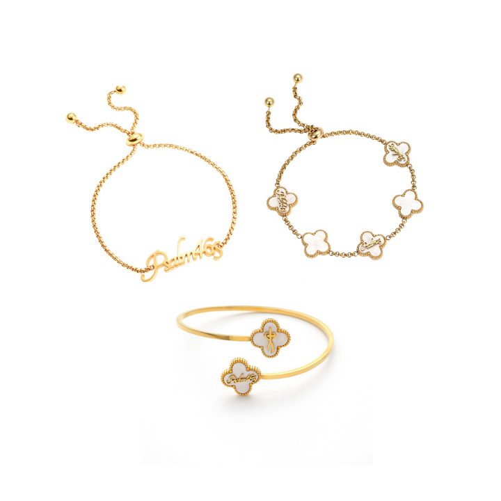 Name Bracelet and Clover Bangle and Clover Bracelet bundle (Gold)
