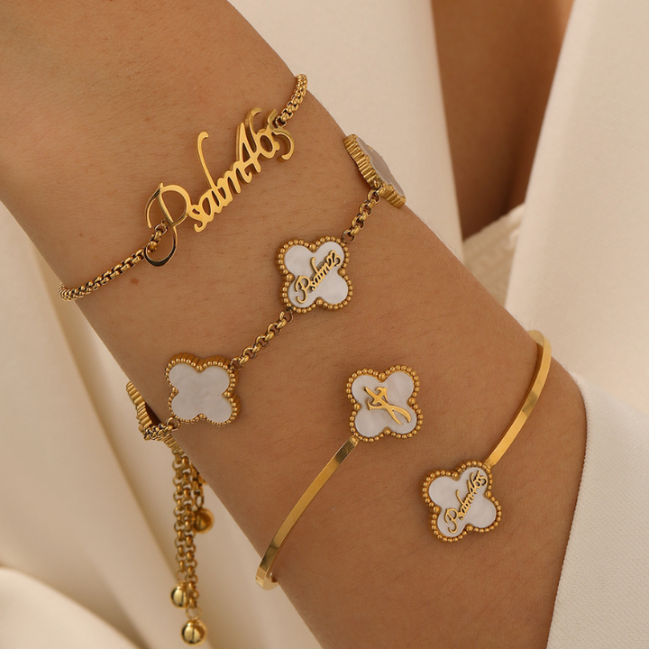 Name Bracelet and Clover Bangle and Clover Bracelet bundle (Gold)