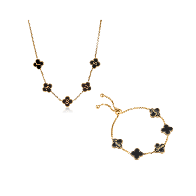 Clover Jesus Name Necklace and Clover Bracelet Bundle (Gold)