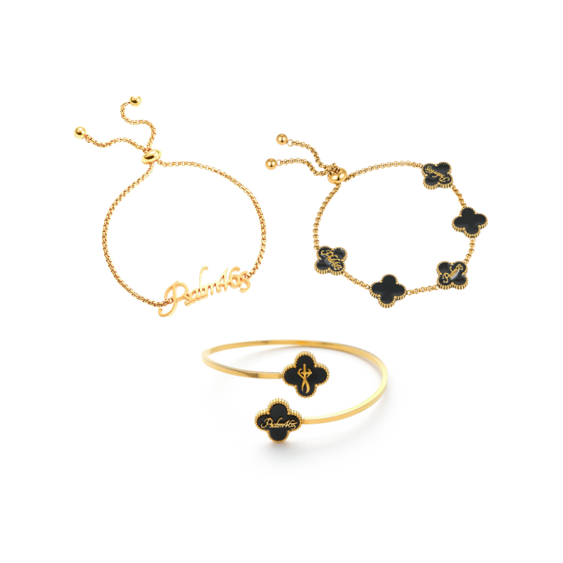 Name Bracelet and Clover Bangle and Clover Bracelet bundle (Gold)