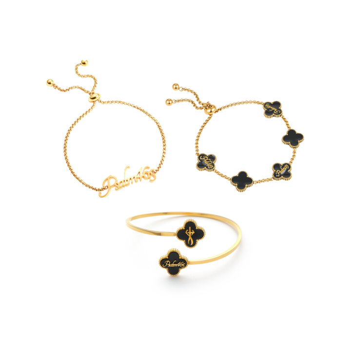 Name Bracelet and Clover Bangle and Clover Bracelet bundle (Gold)