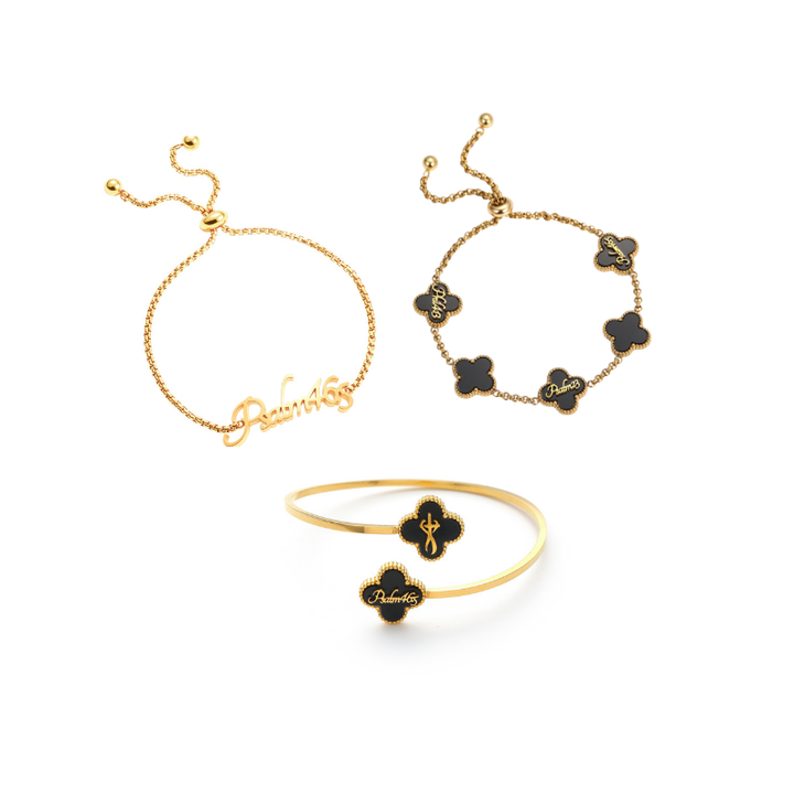 Name Bracelet and Clover Bangle and Clover Bracelet bundle (Gold)