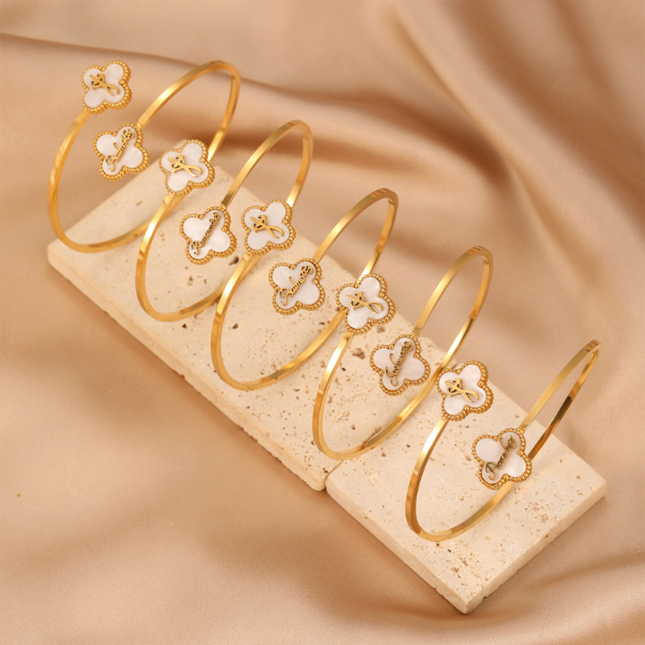 Name Bracelet and Clover Bangle and Clover Bracelet bundle (Gold)