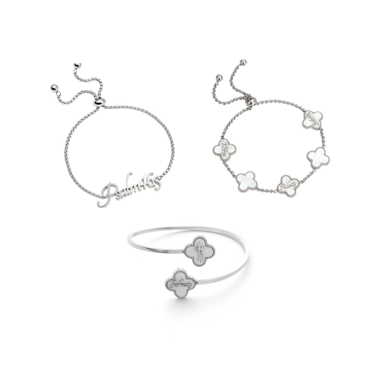 Name Bracelet and Clover Bangle and Clover Bracelet bundle (Silver)