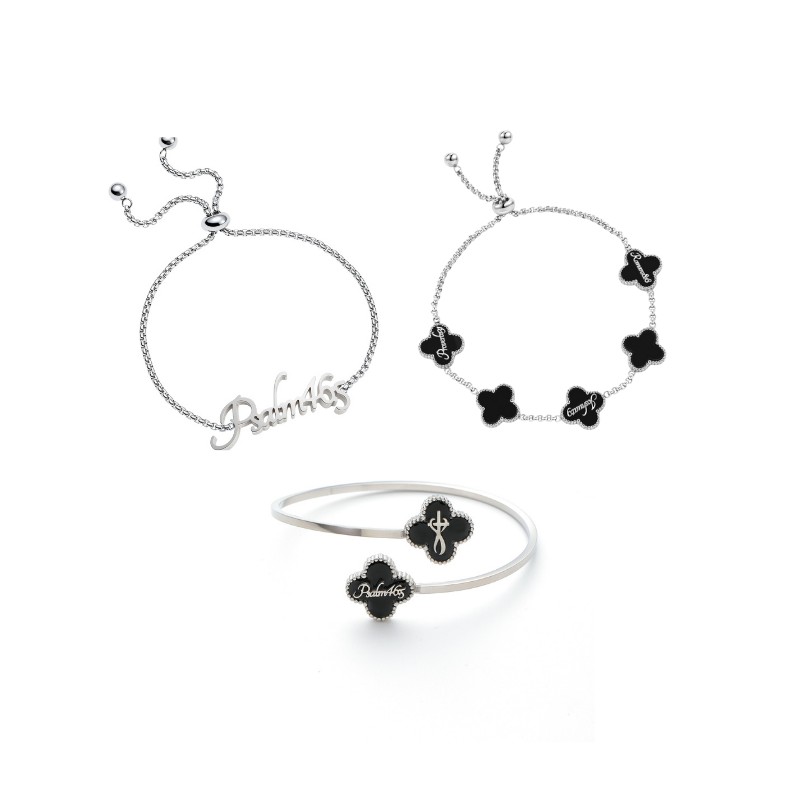 Name Bracelet and Clover Bangle and Clover Bracelet bundle (Silver)