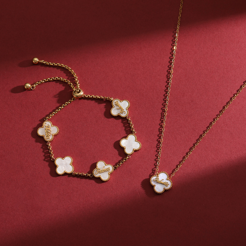 Clover Neckace and Clover Bracelet Bundle (Gold)