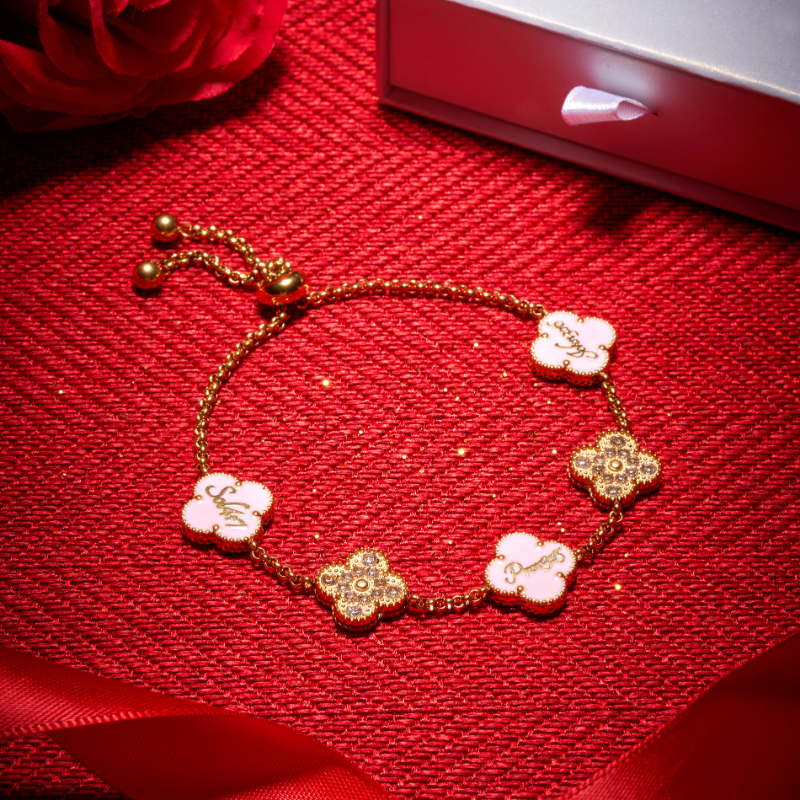 Gold Clover Pink Clover Bible Verse Valentine Bracelet for women#finish_pink