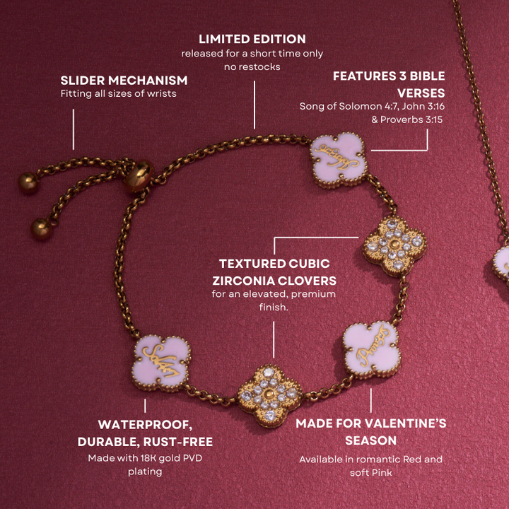 Gold Clover Pink Clover Bible Verse Valentine Bracelet for women#finish_pink