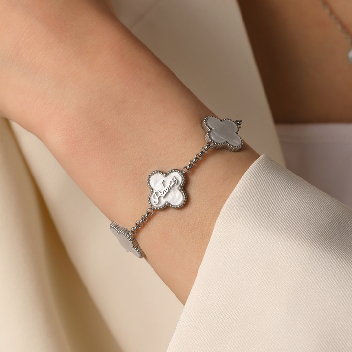 Name Bracelet and Clover Bangle and Clover Bracelet bundle (Silver)