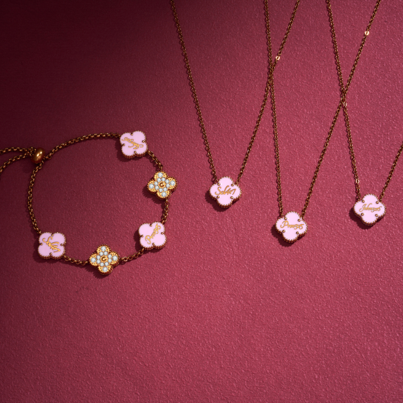 Gold Clover Pink Clover Bible Verse Valentine Bracelet for women#finish_pink