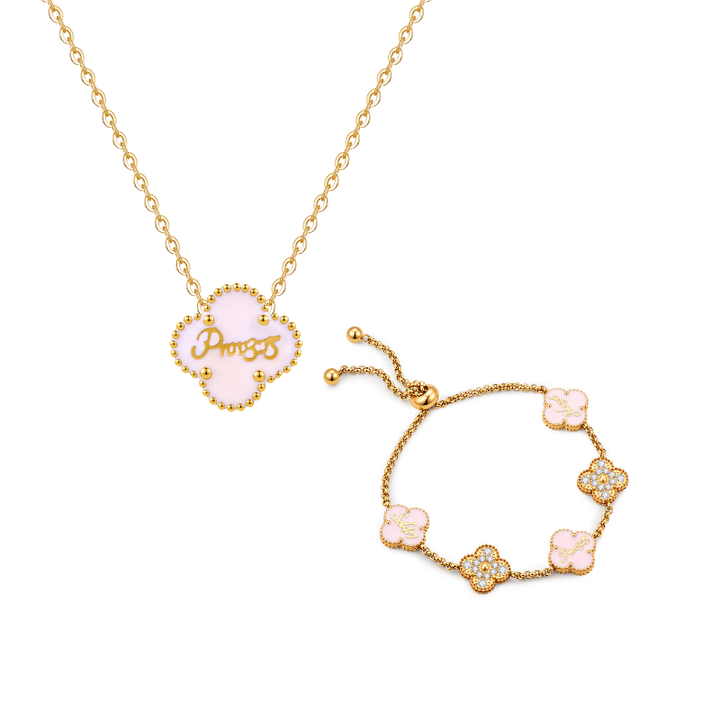 Bible-versed Valentine clover necklace and bracelet bundle in gold, featuring pink and red Christian jewellery engraved with Scripture
