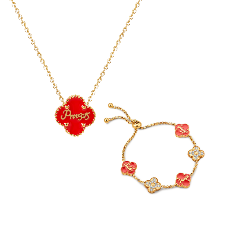 Bible-versed Valentine clover necklace and bracelet bundle in gold, featuring pink and red Christian jewellery engraved with Scripture
