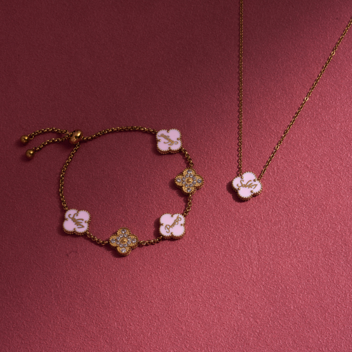 Bible-versed Valentine clover necklace and bracelet bundle in gold, featuring pink and red Christian jewellery engraved with Scripture
