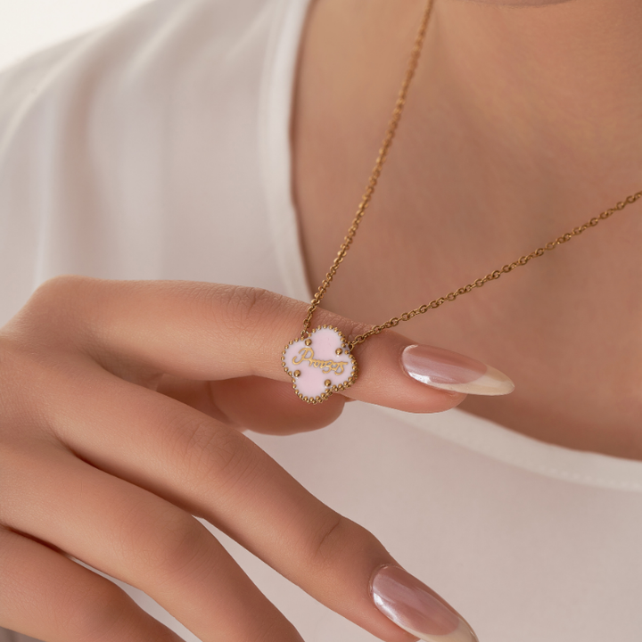 Bible-versed Valentine clover necklace and bracelet bundle in gold, featuring pink and red Christian jewellery engraved with Scripture
