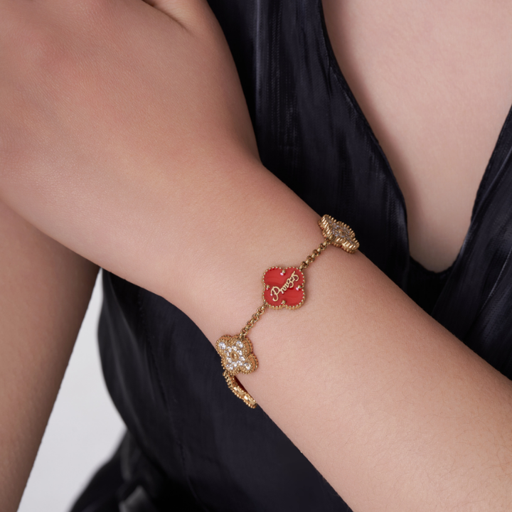 Bible-versed Valentine clover necklace and bracelet bundle in gold, featuring pink and red Christian jewellery engraved with Scripture
