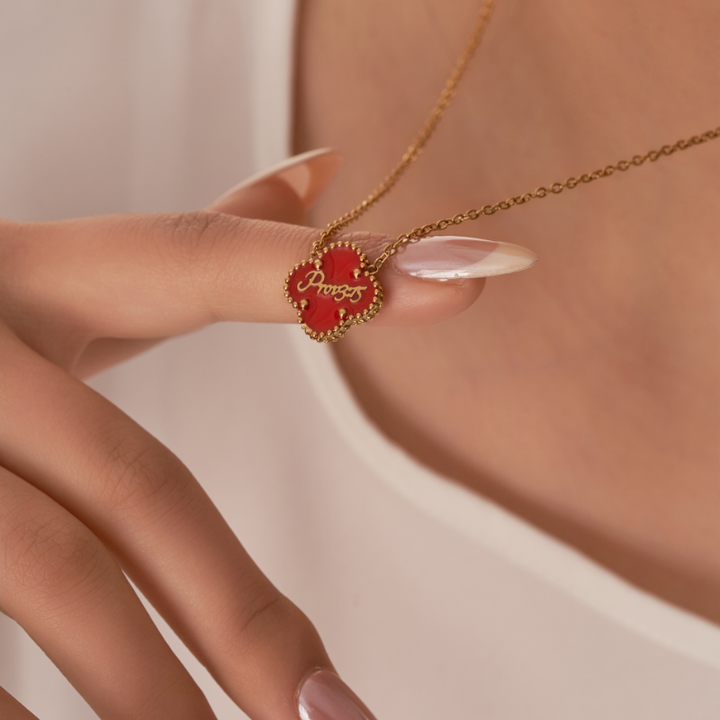 Bible-versed Valentine clover necklace and bracelet bundle in gold, featuring pink and red Christian jewellery engraved with Scripture
