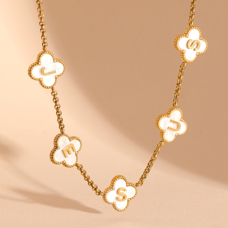 Gold Clover White Jesus Name Necklace 18k PVD gold Christian necklace for women#finish_white
