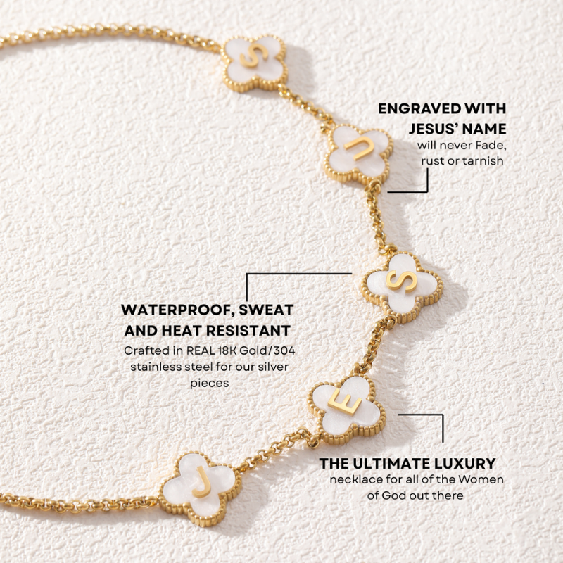 Gold Clover White Jesus Name Necklace 18k PVD gold Christian necklace for women#finish_white