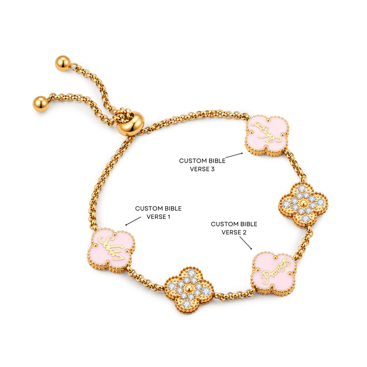 Bible Versed Pink Clover Bracelets (Gold) - Personalised