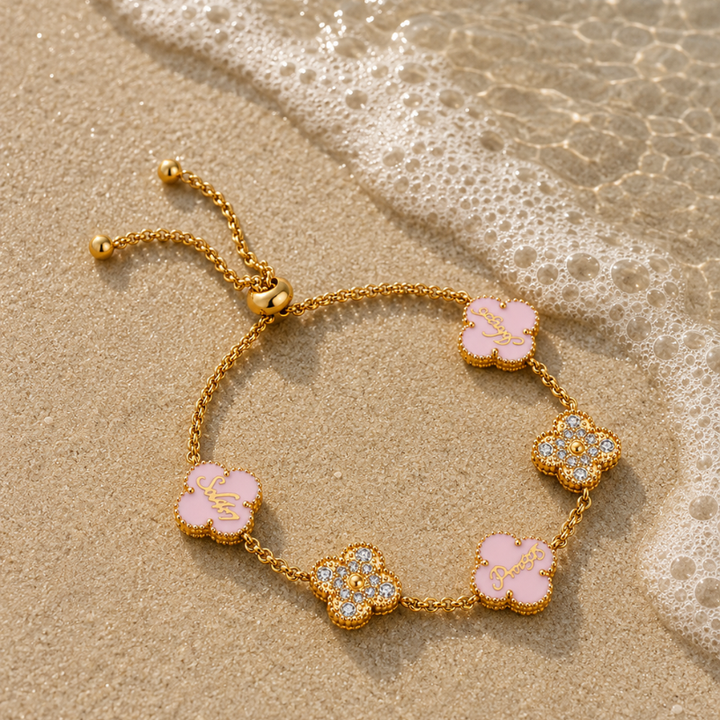 Bible Versed Pink Clover Bracelets (Gold) - Personalised